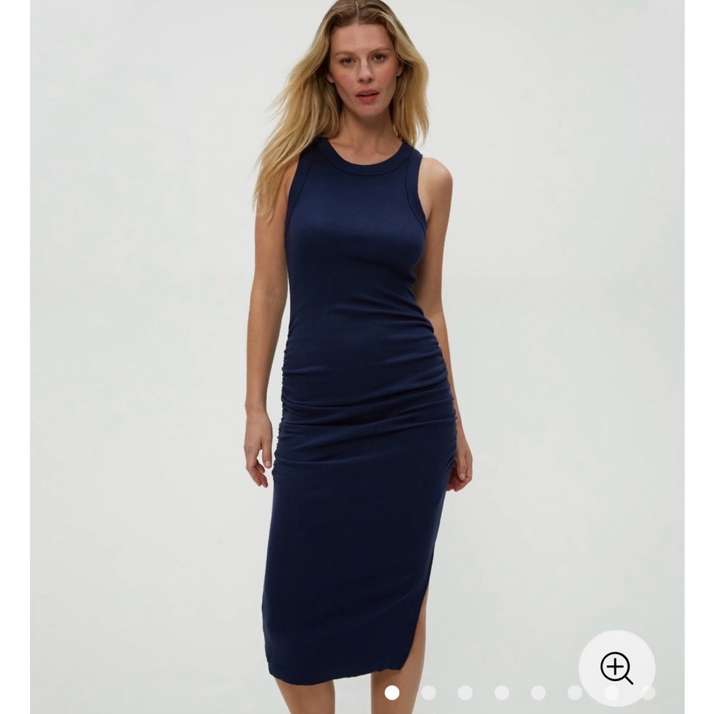 Michael Stars Wren Ruched Midi Dress Women's Size L Ribbed Sleeveless Navy
